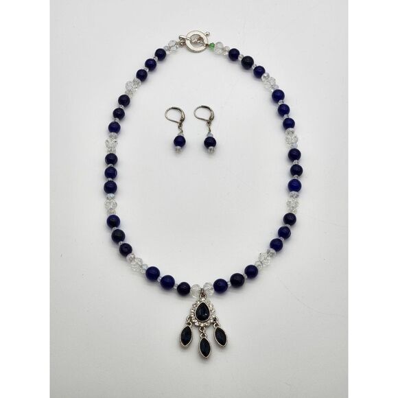 Monet Fiery Sapphire Blue Rhinestone Glass Bead Clear AB Chez Bead Necklace Set - Picture 2 of 11